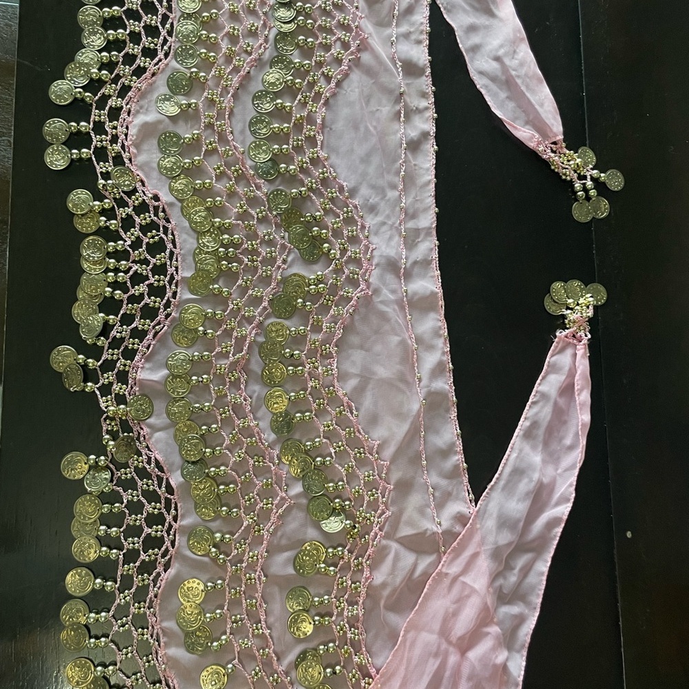 Pink Zumba Hip Scarf / Wrap with Gold Coins measures 64” - Picture 3 of 4
